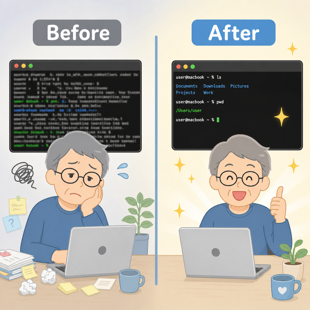 設定前の散らかったターミナル（Before）と設定後のピカピカなターミナル（After）を左右に並べた比較イラスト