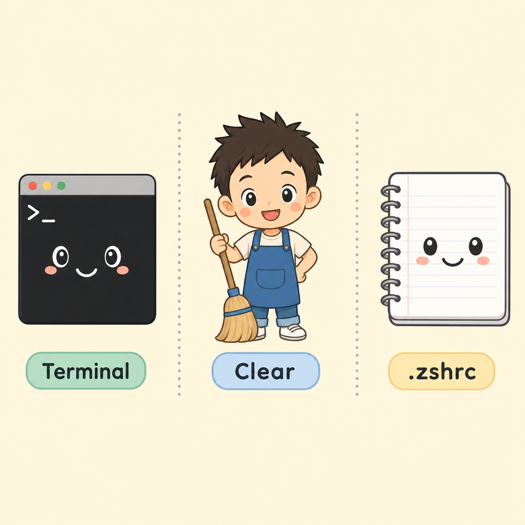 ターミナル君・Clear君・.zshrcさんの3キャラが横並びで微笑むキャラクター紹介イラスト