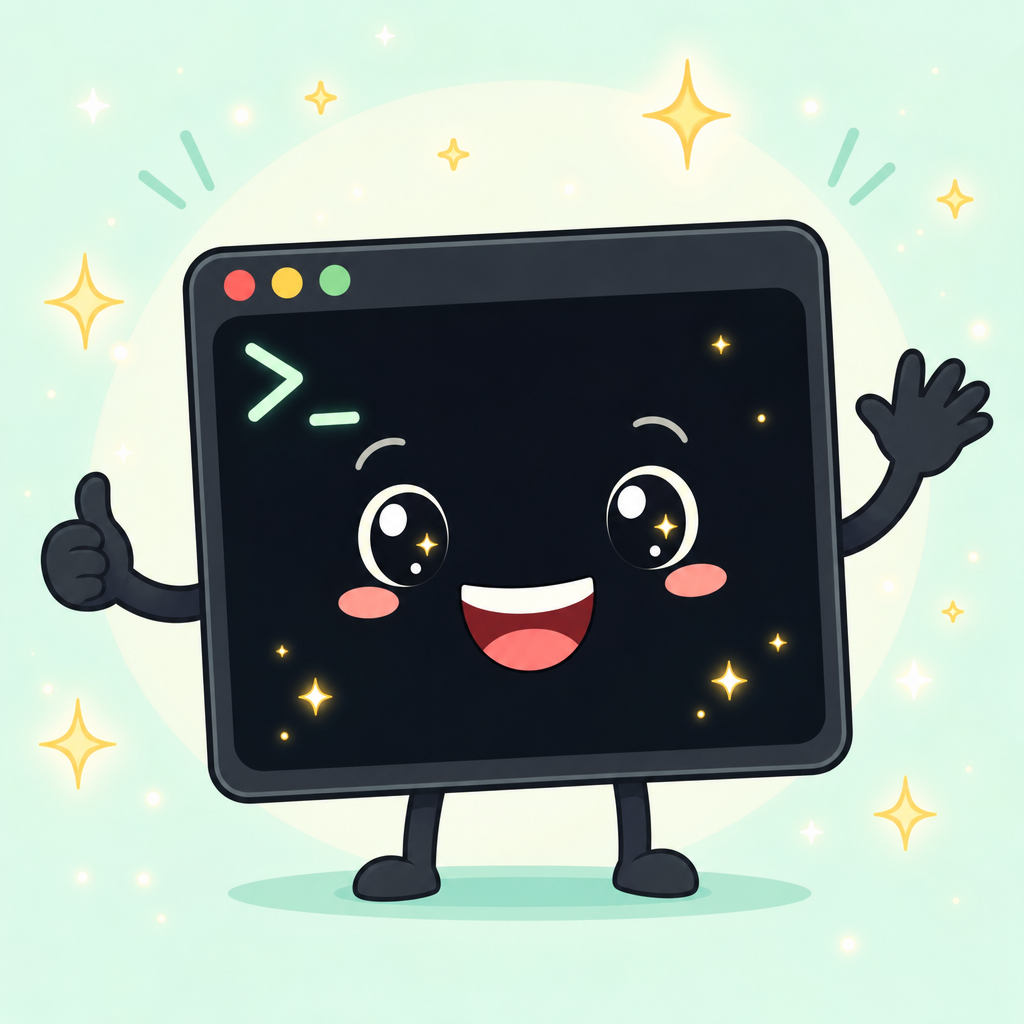 ピカピカに掃除された画面で、にっこり笑顔のターミナル君のイラスト