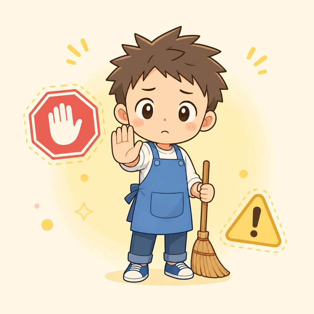 Clear君がほうきを持って、優しく「ストップ」の手を差し出す警告イラスト