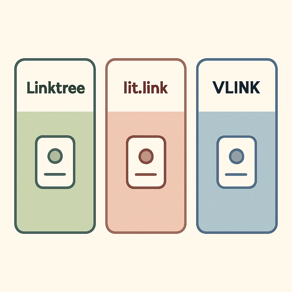 Linktree・lit.link・VLINKの3サービスを横並びで比較したカードイラスト