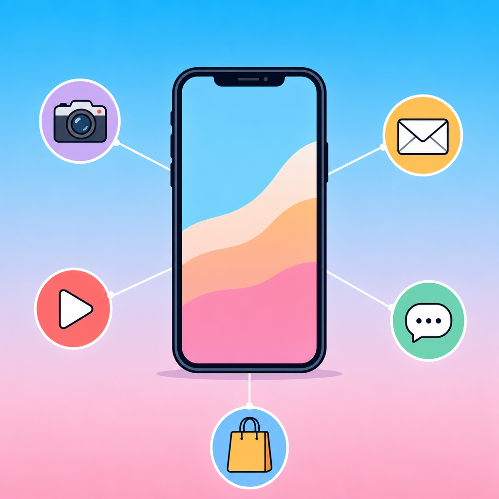 スマホから様々なクラウドサービスに繋がるイラスト