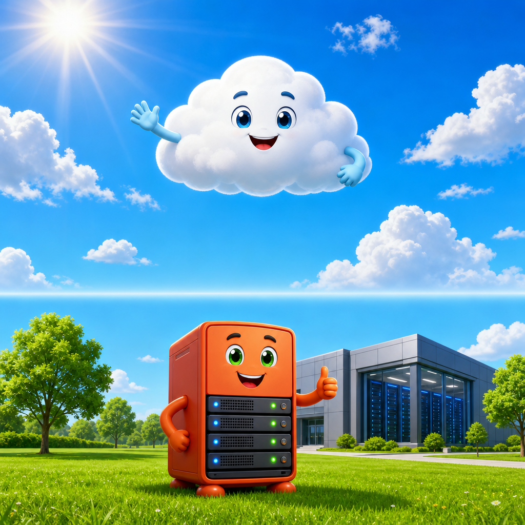 地上に立つサーバー君と、空に浮かぶクラウド君のイラスト